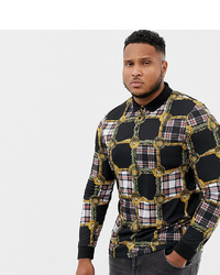 ASOS DESIGN Plus Long Sleeve Polo With All Over Check Panel Print