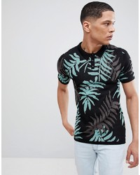 ASOS DESIGN Muscle Fit Knitted Polo With Leaf Design In Black