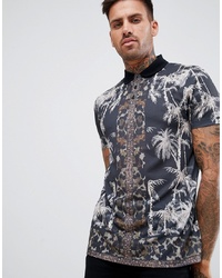 ASOS DESIGN Muscle Fit Polo With All Over Palm And Leopard Print