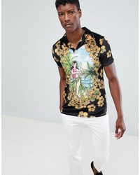 ASOS DESIGN Polo With All Over Hula Girl Print In Velour With Revere Collar