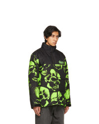 Psychworld Black And Green Skull Logo Puffer Jacket
