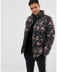 Pull&Bear Puffer Jacket In Black Floral Print