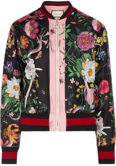 Vilje sløjfe Forfalske Gucci Printed Silk Satin Bomber Jacket Black, $2,900 | NET-A-PORTER.COM |  Lookastic