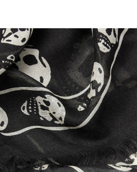 Alexander McQueen Fringed Skull Print Modal And Silk Blend Scarf