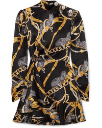 Alessandra Rich Button Embellished Printed Silk Satin Mini Dress