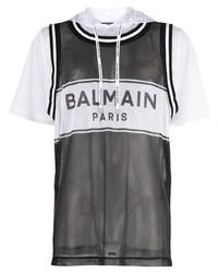 Balmain Mesh Logo Print Hoodie T Shirt
