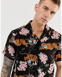 Brave Soul All Over Tiger Print Shirt With Revere Collar