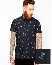 Asos Neon Pinup Print Shirt In Short Sleeve Black