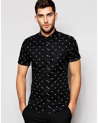 Asos Brand Skinny Shirt In Black With Ditsy Fluorescent Print And Short Sleeves