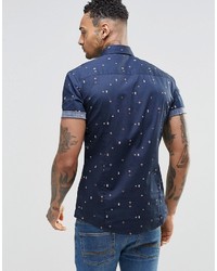 Asos Brand Skinny Short Sleeve Shirt With Geo Tribal Print In Navy