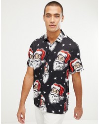 ASOS DESIGN Christmas Regular Fit Santa Print Shirt In Black