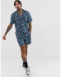 Another Influence Co Ord Peacock Print Revere Collar Short Sleeve Shirt