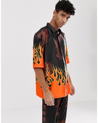Jaded London Festival Co Ord Shirt In Black With Flame Print