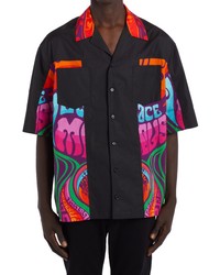 Versace First Line Medusa Music Oversize Short Sleeve Button Up Camp Shirt In Black Print At Nordstrom