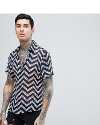 Reclaimed Vintage Inspired Shirt With Short Sleeves In Black With Floral Zig Zag Reg Fit