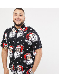 ASOS DESIGN Plus Christmas Regular Fit Santa Print Shirt In Black
