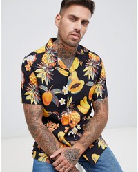 ASOS DESIGN Regular Fit Fruit Print Shirt With Revere Collar In Black