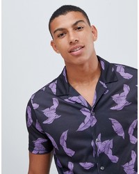 Burton Menswear Revere Collar Shirt With Feather Print In Black