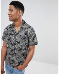 KIOMI Short Sleeve Shirt With Revere Collar In Black Leaf Print