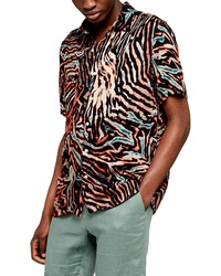 Topman Slim Fit Bleach Tiger Print Short Sleeve Button Up Shirt