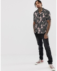 Another Influence Striped Floral Revere Collar Boxy Short Sleeve Shirt