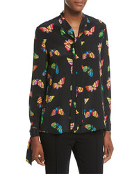 Moschino Boutique Long Sleeve Tie Neck Butterfly Print Silk Blouse