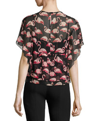 RED Valentino Flamingo Print Silk Crepon Popover Blouse Black