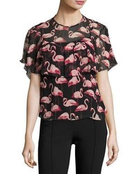RED Valentino Flamingo Print Silk Crepon Popover Blouse Black