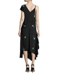 Diane von Furstenberg Bird Print Asymmetric Silk Jersey Ruffle Dress Black