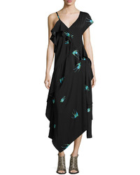 Diane von Furstenberg Bird Print Asymmetric Silk Jersey Ruffle Dress Black