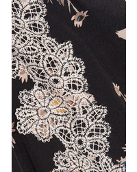 Anna Sui Lace Paneled Printed Silk Crepe De Chine Mini Dress Black
