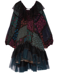 Chloé Ruffled Tulle And Printed Silk Georgette Dress Black
