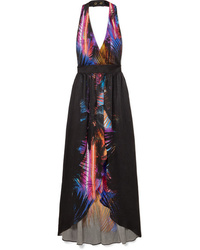 Balmain Printed Pliss Silk Halterneck Maxi Dress