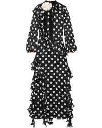 Gucci Ruffled Printed Silk Charmeuse Gown Black