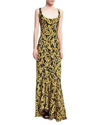 Diane von Furstenberg Sleeveless Bias Slip Scoop Neck Printed Silk Evening Gown