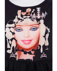 Romwe Barbie Princess Print Sleeveless Black Dress