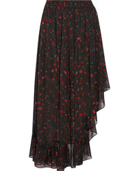 IRO Jonel Asymmetric Ruffled Printed Georgette Midi Skirt Black
