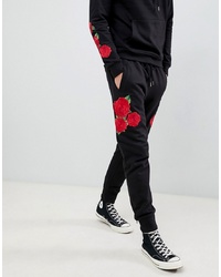 Brave Soul Skinny Fit Drop Crotch Rose Embroidered Joggers