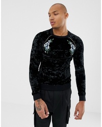 ASOS DESIGN Muscle Sweatshirt In Velour With Embroidery And Gold Piping