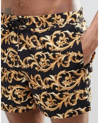 Asos Brand Swim Shorts With Baroque Print Gold Detail In Short Length