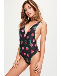 Missguided Black Floral Print Ultimate Plunge Swimsuit