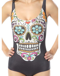 Choies Floral Skull Print Swimsuit In Black
