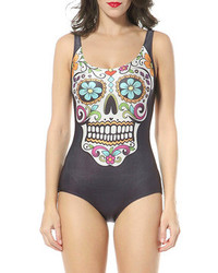 Choies Floral Skull Print Swimsuit In Black