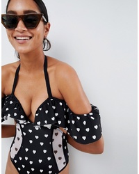 ASOS DESIGN Recycled Mini Heart Print Corset Detail Bardot Swimsuit
