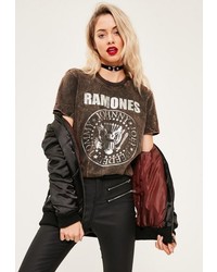 Missguided Black Ramones Washed Out Print T Shirt