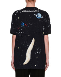 Dolce & Gabbana Dog Pizza Space Print Cotton T Shirt Black