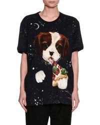 Dolce & Gabbana Dog Pizza Space Print Cotton T Shirt Black