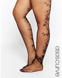 Asos Curve Floral Decorative Back Seam Tights With Control Top