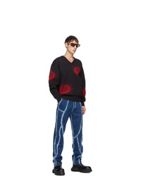 Xander Zhou Black And Red Graphic V Neck Sweater