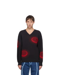 Xander Zhou Black And Red Graphic V Neck Sweater